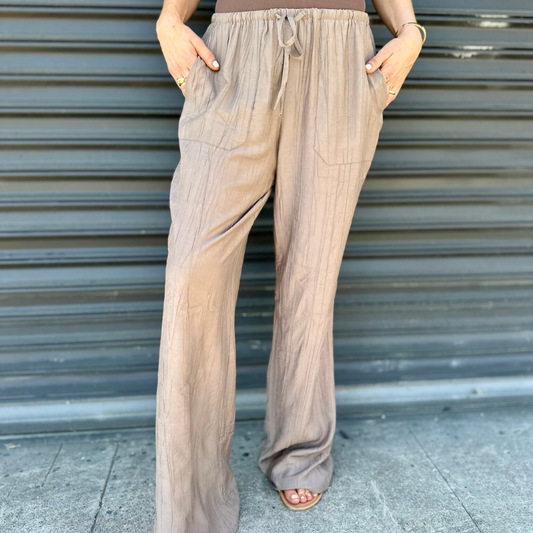 Light Cocoa Stretch Waist Linen Blend Crinkled Wide Leg Pant with Pockets