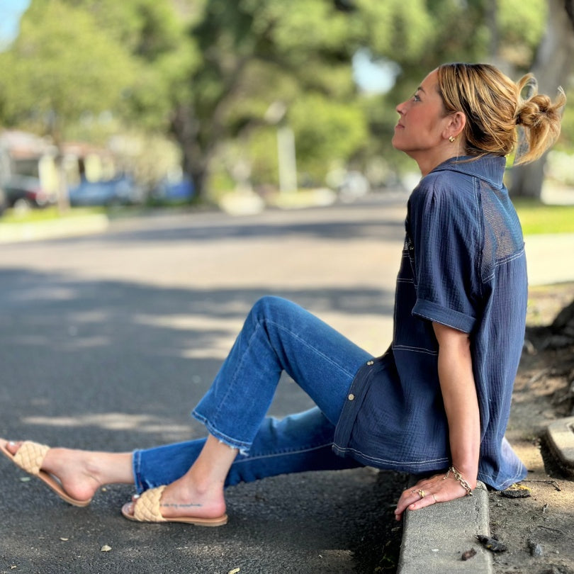 Navy Netted Yoke Button Up 1/2 Sleeve Top