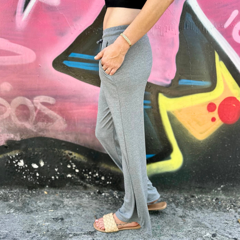 Heather Grey Stretch Ribbed Drawstring Wide Leg Pant