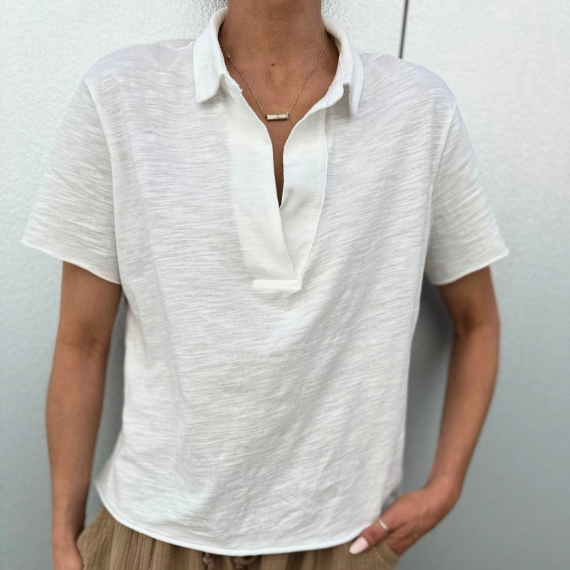 Off White Double Cotton Gauze Collared Tee Shirt Top with Raw Hem