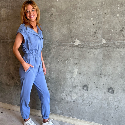 Mock Neck Zip-Up Denim Blue Jumpsuit with Pockets