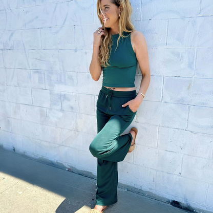 Midnight Green Stretch Ribbed Drawstring Wide Leg Pant