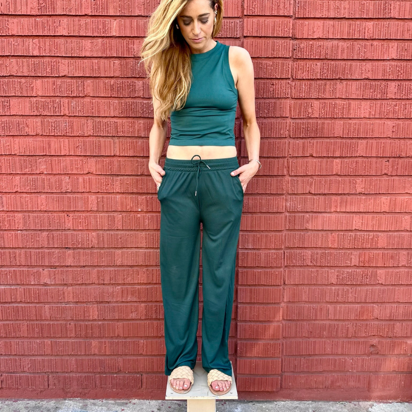 Midnight Green Stretch Ribbed Drawstring Wide Leg Pant