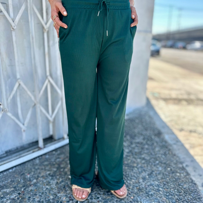 Midnight Green Stretch Ribbed Drawstring Wide Leg Pant