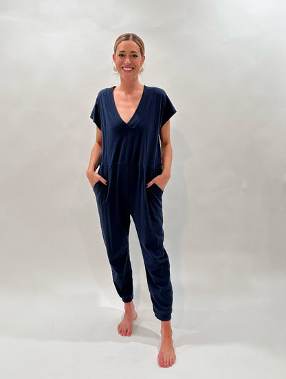 Cotton Slub Relaxed V-Neck Jumpsuit w/ Side Pockets Large